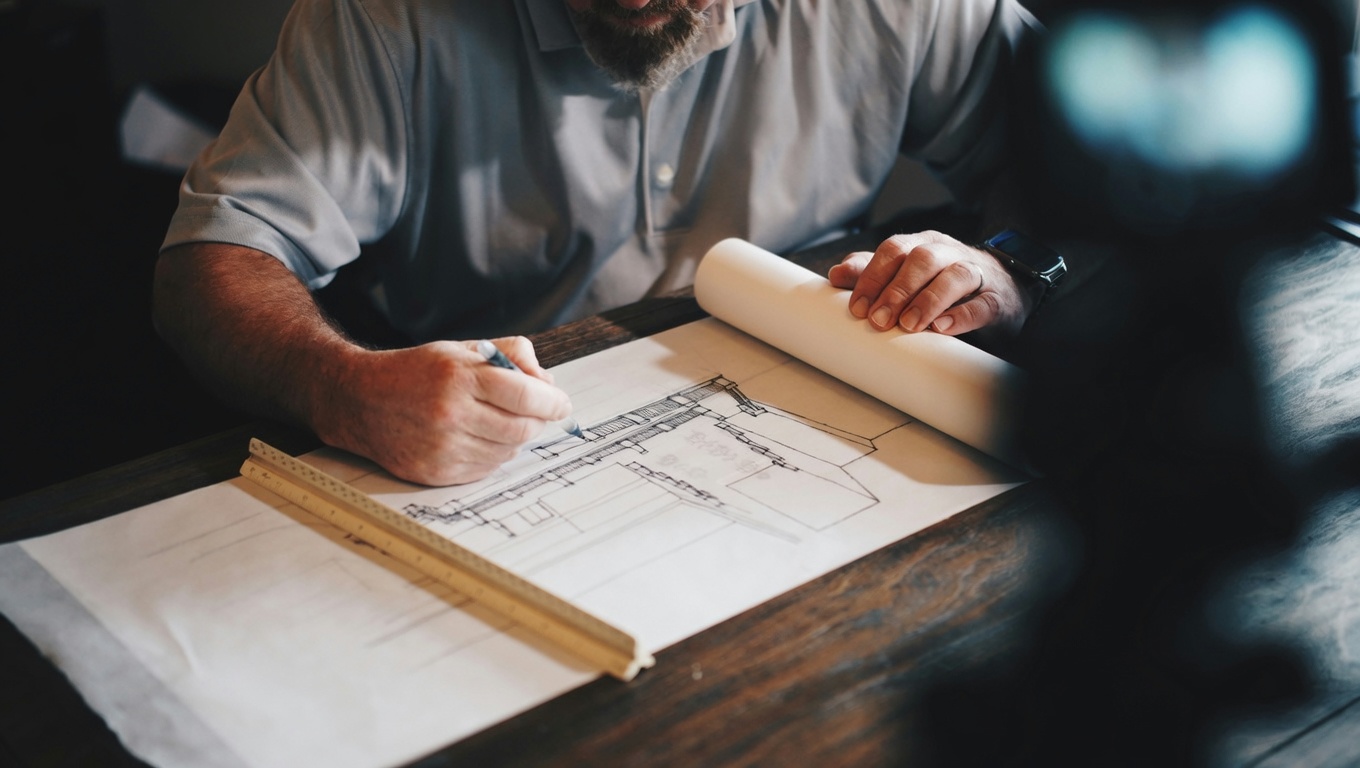 Professional draftsman preparing architectural plans for a construction project